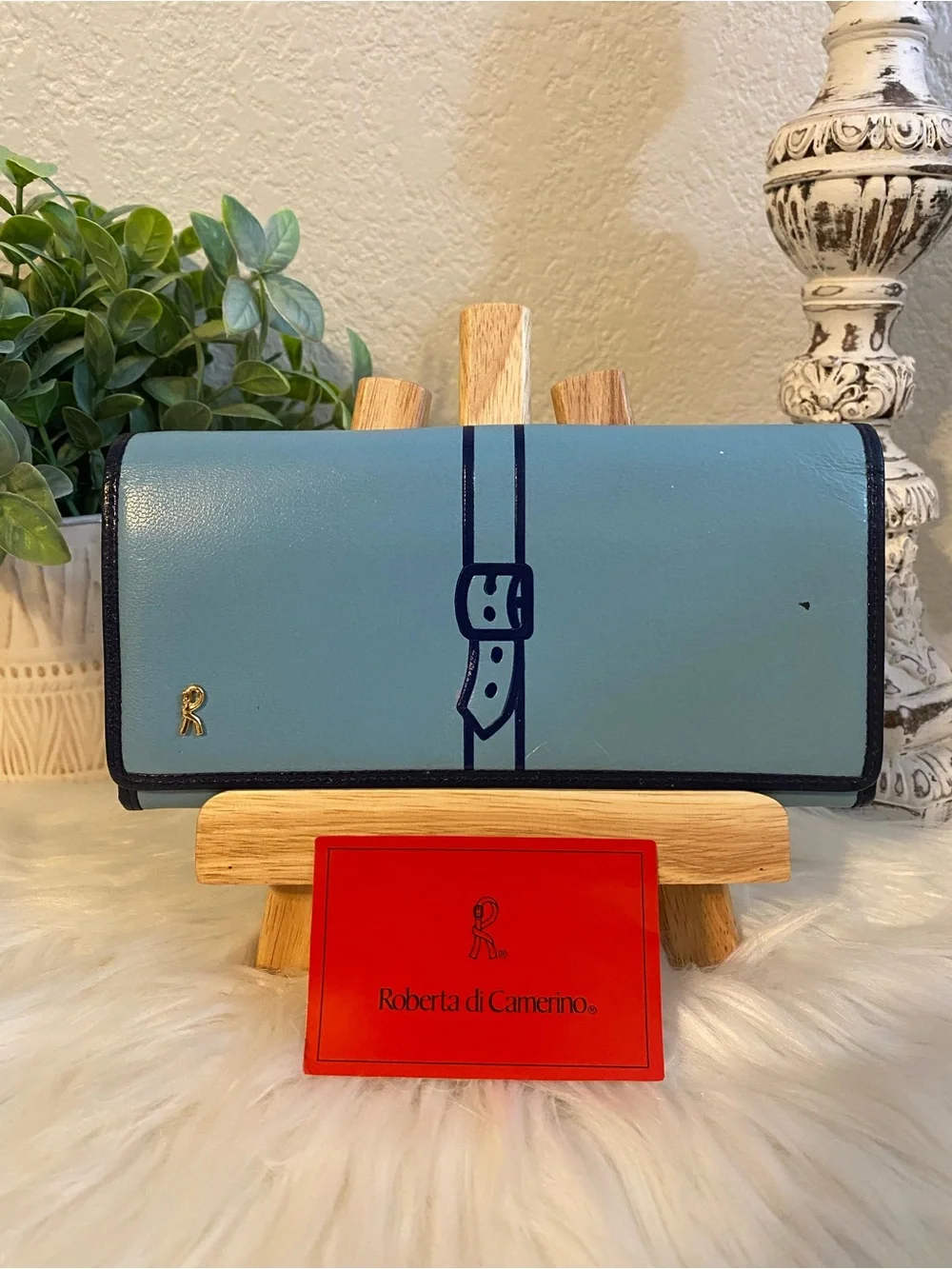Roberta di Camerino Sky Blue Leather Belt-Motif Wallet with Navy Trim